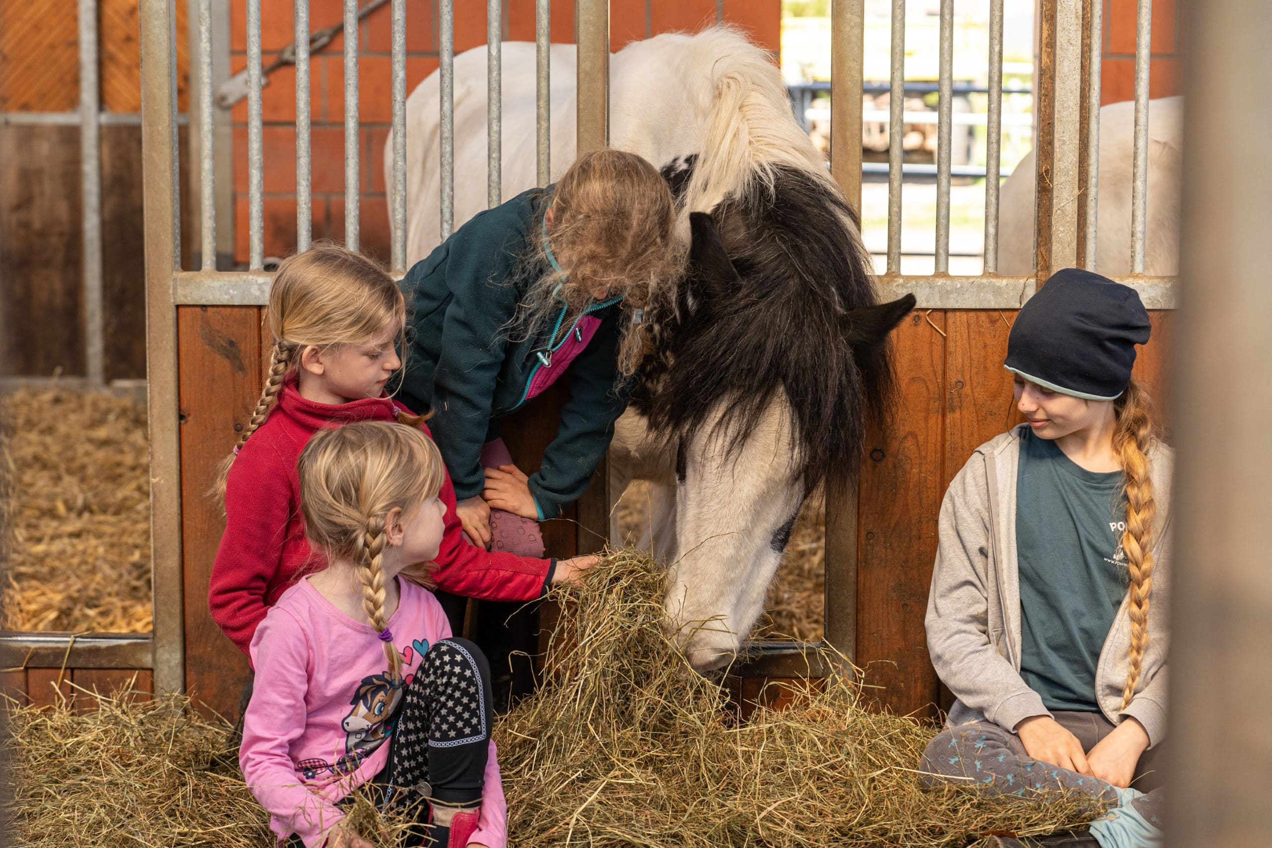 Kinder mit Pferd im Stall
